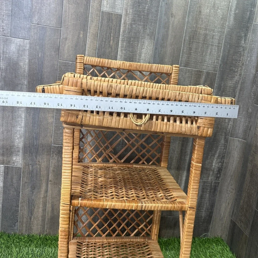 Vintage MCM Wicker Rattan 3 Tier Shelf Bookcase Plant Stand w/ Drawer Boho